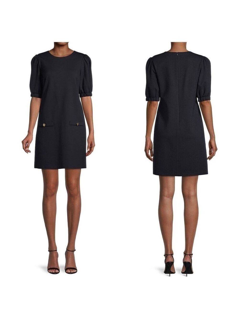 Eliza J Embellished Crewneck Puff-Sleeve Shift Short Dress in Navy Blue